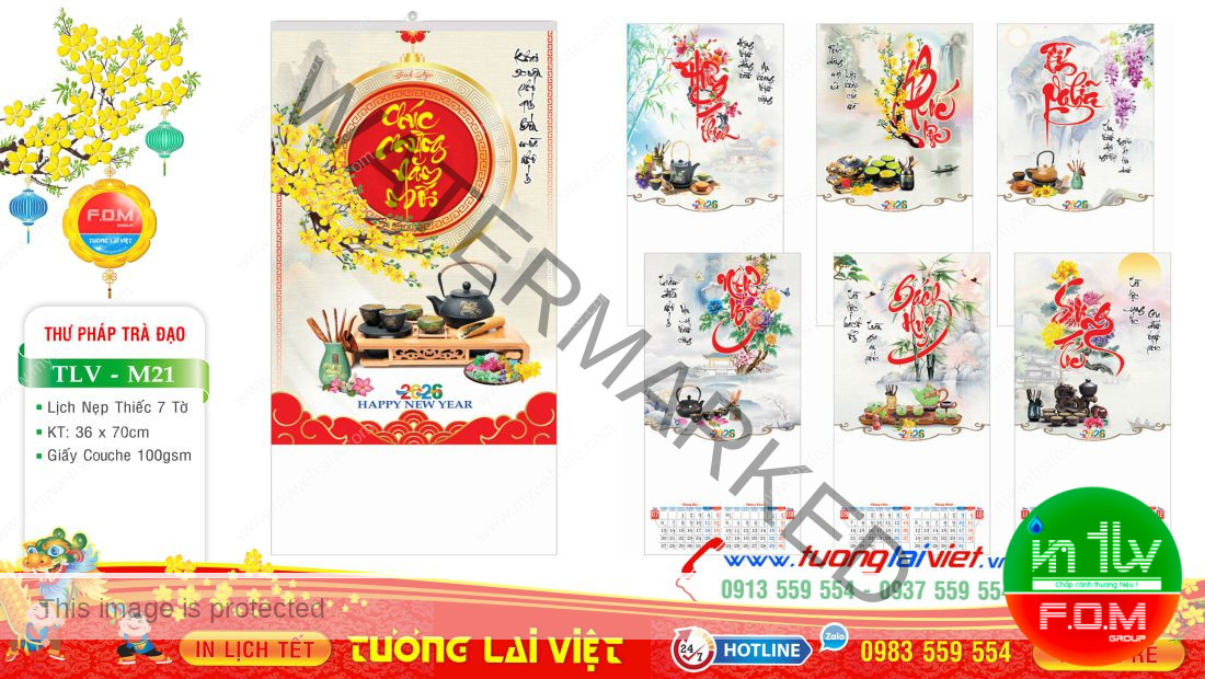 Lịch 7 tờ Chữ thư pháp